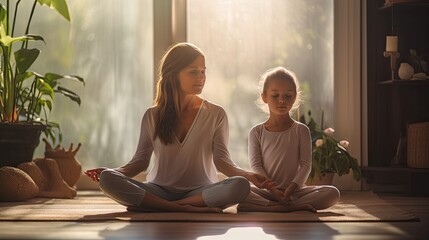 Mother and daughter do yoga at home - obrazy, fototapety, plakaty