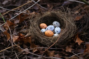 abandoned birds nest, scattered eggs on ground