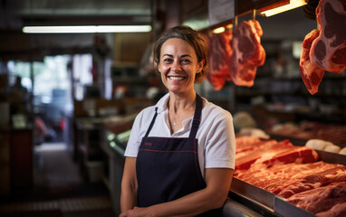 Fototapeta na wymiar Middle aged female butcher smiling in a butcher shop. Generative AI