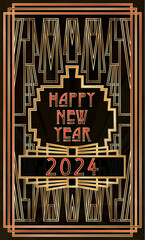 Happy new 2024 year art deco invitation card, vector illustration
