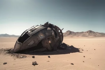 Foto auf Acrylglas UFO Crashed ufo desert. Landing ufology. Generate Ai