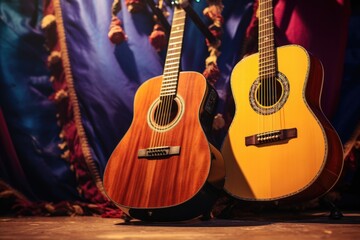 Naklejka premium close up of a large and small guitar propped up next to each other