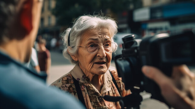 Elderly woman being interviewed on the street. Social problem concept. 