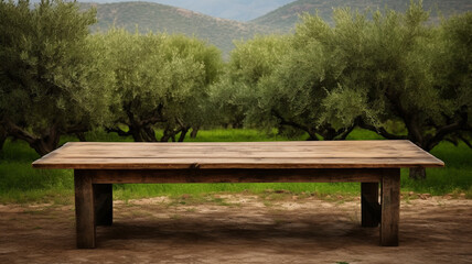 Naklejka premium Olive trees empty rustic plank wooden table blurred trees countryside village background product placement montage.
