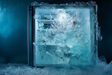 an open fridge door with frozen ice. Generative AI