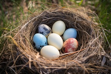 Naklejka na ściany i meble different sized eggs nesting together in a birds nest