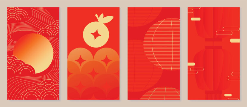 Chinese New Year cover background vector. Luxury background design with gold Chinese moon, lantern and oriental decorative element for Asian Lunar New Year holiday cover, poster, ad and sale banner.