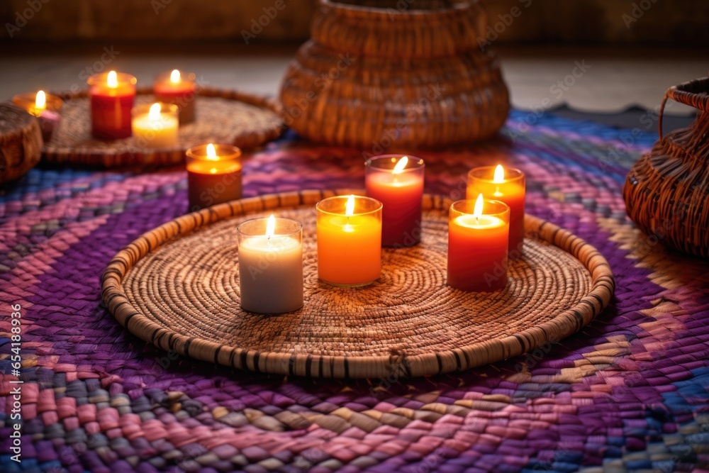 Wall mural handcrafted woven mats with seven candles on top