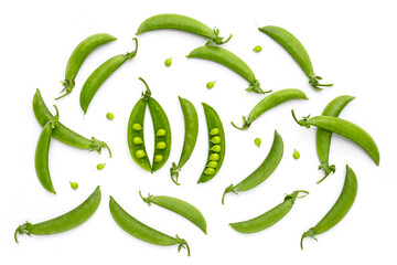 Fresh young green peas on white background. - obrazy, fototapety, plakaty