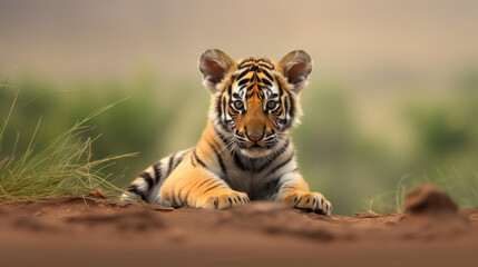 Fototapeta premium jeune tigre allongé sur le sol de face, arrière plan flou