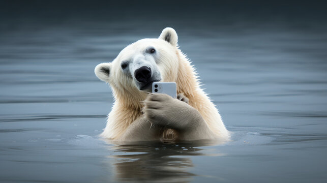 ours blanc en train de faire un selfie avec un smartphone dans une rivière, humour, image décalée