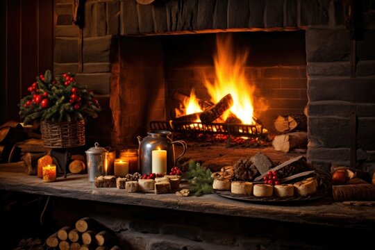 yule log burning in a stone fireplace