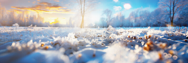 Beautiful winter morning landscape banner background with snow, sunrays and bokeh, outdoor. - obrazy, fototapety, plakaty