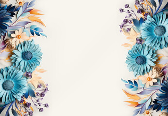 Obraz premium Pretty floral frame with blue and purple flowers and leaves at white background, top view