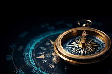 Concept of navigating business direction with compass on black background. Generative AI