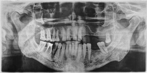 X-ray of bad, decayed teeth. Panoramic x-ray of the jaw and teeth at the dentist.