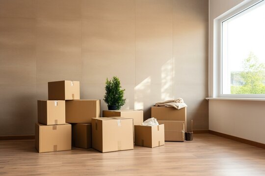 Interior displaying boxes ready for moving. Moving and new home concept. Generative AI