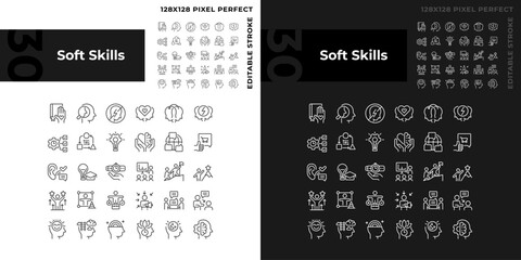 2D pixel perfect dark and light icons pack representing soft skills, editable thin line illustration.