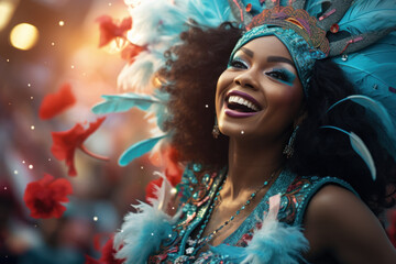 The lively energy of a Brazilian carnival parade, with samba dancers and elaborate floats....