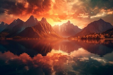 Fototapeta na wymiar scenic view of sunset over towering mountains reflected in calm lake. Generative AI