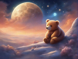 Cute fairytale teddy bear sleeps on the moon. Oil painting