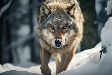 A lone wolf prowling through a snowy forest, a symbol of wilderness and freedom. Generative Ai.