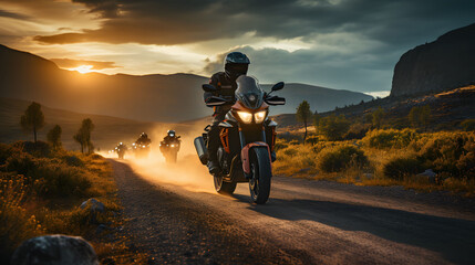Motorcycle rider on the road in the mountains at sunset. Adventure and travel concept.