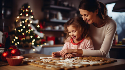 Cute little girl and her mother making gingerbread cookies for Christmas - obrazy, fototapety, plakaty