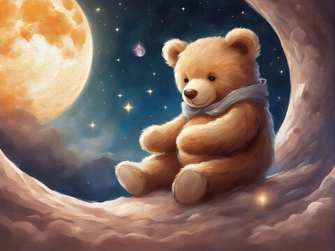 Cute fairytale teddy bear sleeps on the moon. Oil painting