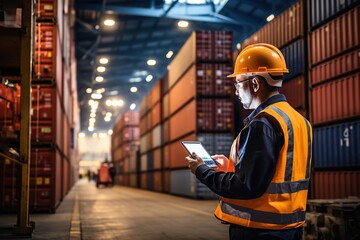 A professional male employee wearing a hard hat checks stock and inventory with a digital tablet computer in a retail warehouse filled with shelves with merchandise, working in logistics.