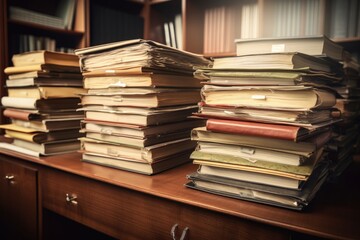stack of legal case files in a law office