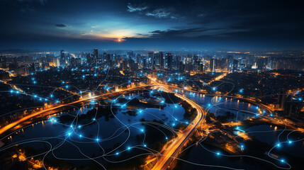Nocturnal Data Flows, City Lights from Space Captured by Drone, network and global data connection wallpaper - obrazy, fototapety, plakaty