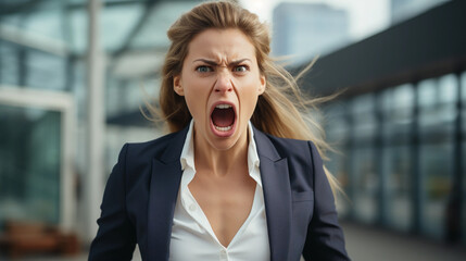 Angry stressed businesswoman screaming shouting in her office portrait