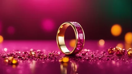 Rolgordijnen Exquisite Gold Ring with Pink Crystals on Lustrous Purple Background © Burhan Design
