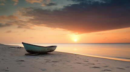 plage au couché du soleil avec une barque abandonnée sur le sable de la plage