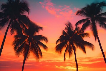 A tropical sunset with palm trees silhouetted against the vibrant orange sky, reminiscent of 90s vacation postcards, retro photo