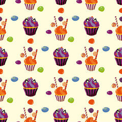 Seamless pattern with cupcakes. Colorful background with candies, lollipops, chocolate in sugar glaze, cupcake. Template for fabric, wallpaper, wrapping paper. Vector illustration.