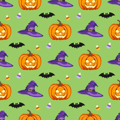 Seamless pattern with Halloween symbols. Background with jack-o-lantern, witch hat, candy corn, bat.  For wallpaper, gift paper, fabric, holiday decoration, greeting cards. Vector illustration.