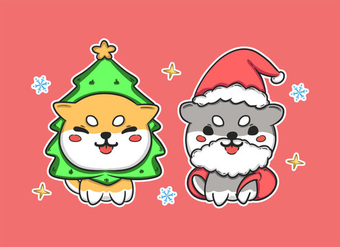 Cute dog christmas illustration collection vector