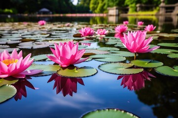 beautiful blooming lotus in a pond with lily pads