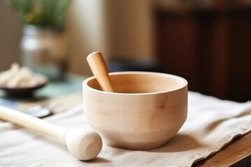 sound bowl with a wooden mallet on table