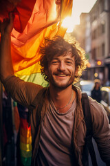 A happy man waves a rainbow flag in the gay pride
