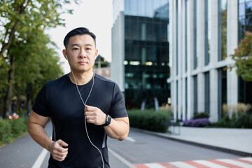 Portrait of a young Asian sportsman man running outside wearing headphones, listening to music,...