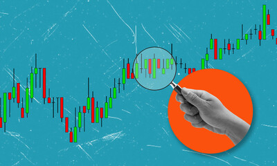 Contemporary Art Collage. A hand with a magnifying glass, looking at the stock market.