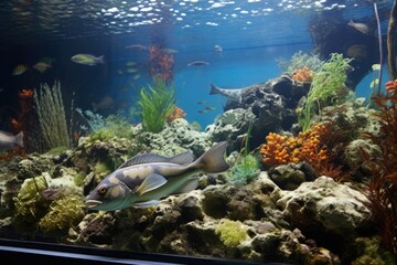 Naklejka na ściany i meble fish sleeping near the surface of an insufficiently decorated fish-tank