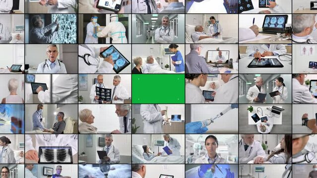 video montage of healthcare medical scenes multi screen,camera zoom in on green screen copyspace box