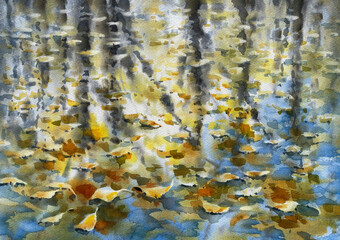 Autumn leaves on the pond watercolor background - 654193916