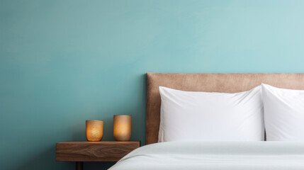 Bed with side table, blue background hospitality banner - obrazy, fototapety, plakaty