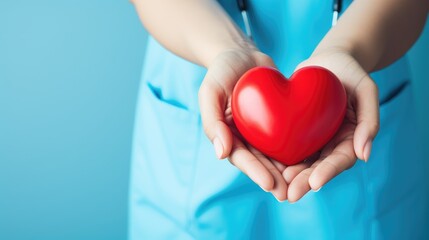 "Celebrating International Nurses Day: A hand holding a handmade red heart on a blue background, honoring healthcare heroes."