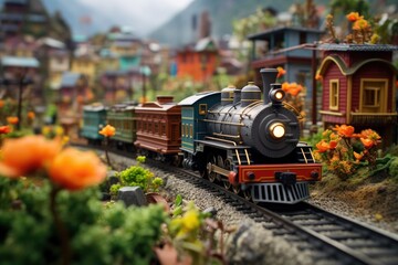 toy train passing by miniature scenic setup